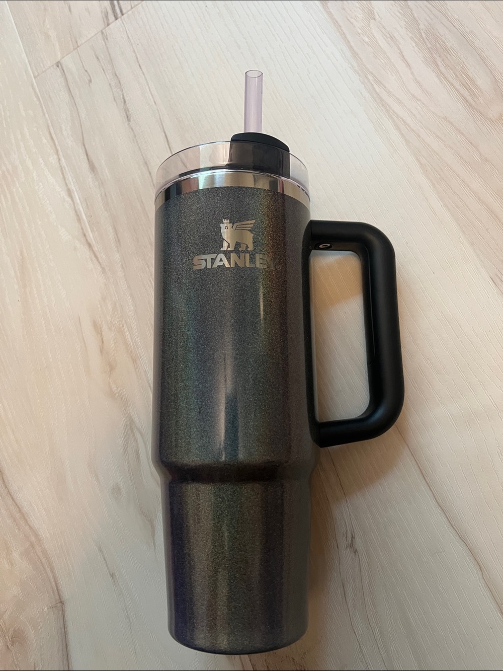 Like new Stanley Metallic Iridescent Gray Travel Mug with Handle and Straw